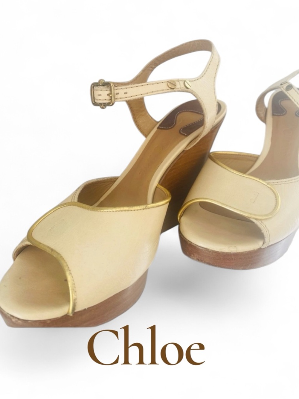 Chloe leather and wood platform wedge